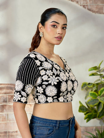 Elegant Black Embroidered Beads Blouse – Premium Blueberry Fabric