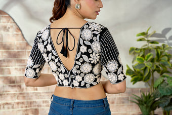 Elegant Black Embroidered Beads Blouse – Premium Blueberry Fabric