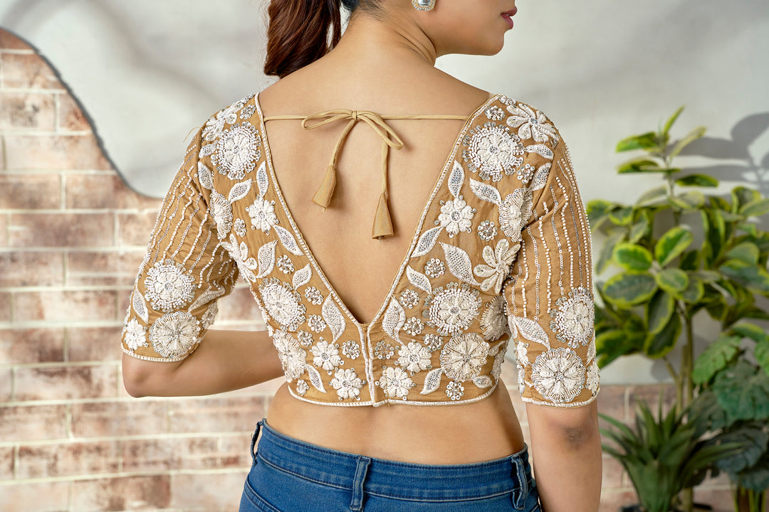 Royal Beige Embroidered Beaded Blouse – Bridal Party Wear | Custom Size