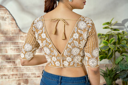 Royal Beige Embroidered Beaded Blouse – Bridal Party Wear | Custom Size