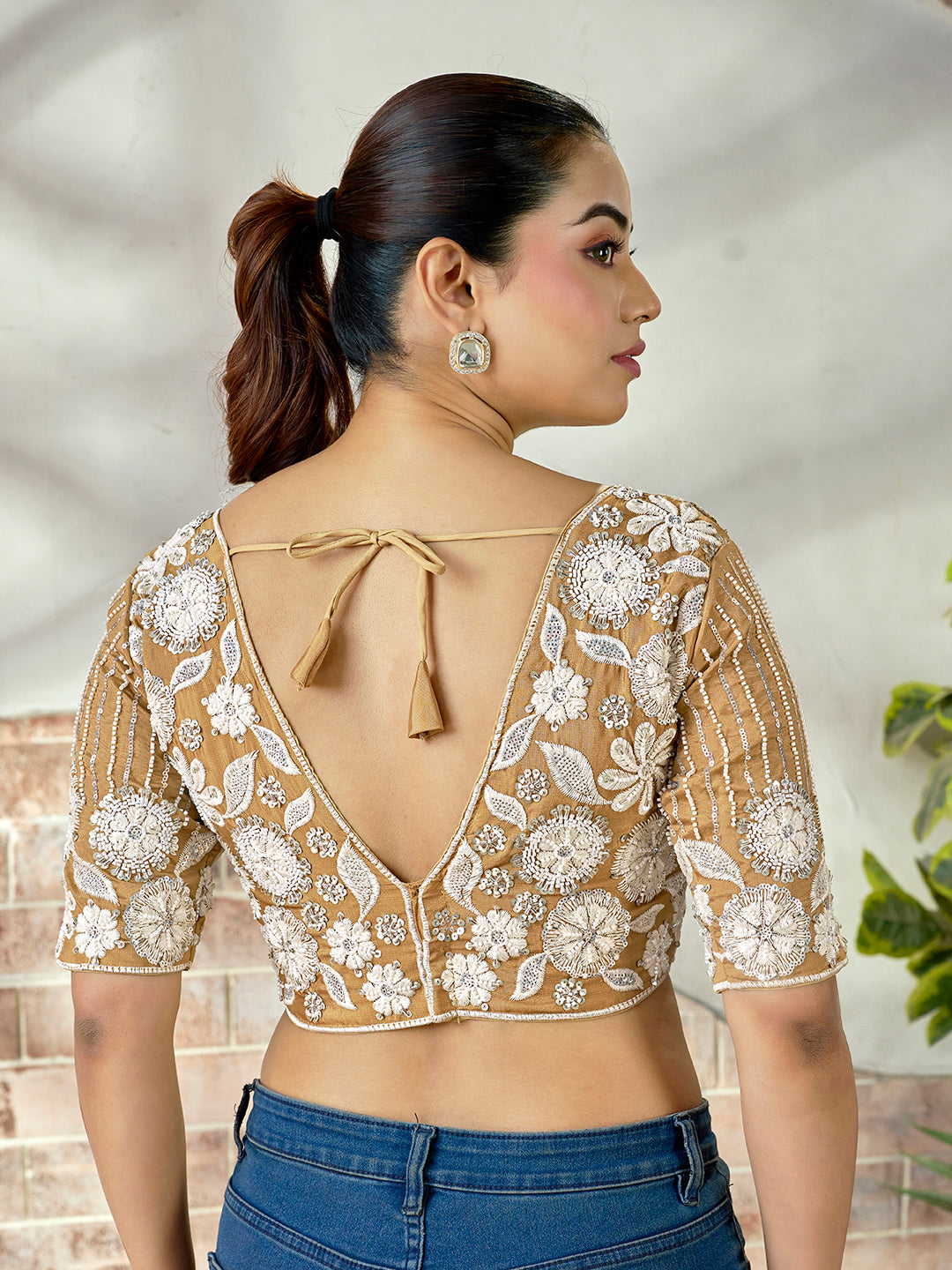 Royal Beige Embroidered Beaded Blouse – Bridal Party Wear | Custom Size