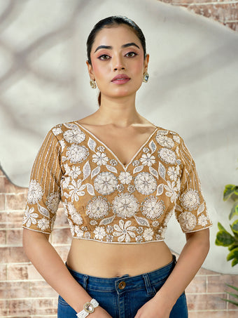 Royal Beige Embroidered Beaded Blouse – Bridal Party Wear | Custom Size