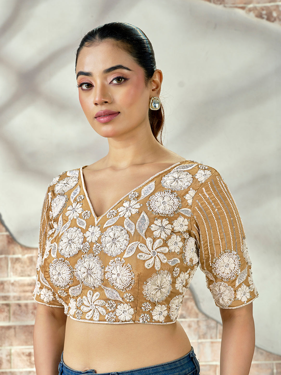 Royal Beige Embroidered Beaded Blouse – Bridal Party Wear | Custom Size
