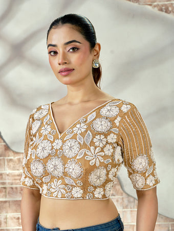 Royal Beige Embroidered Beaded Blouse – Bridal Party Wear | Custom Size