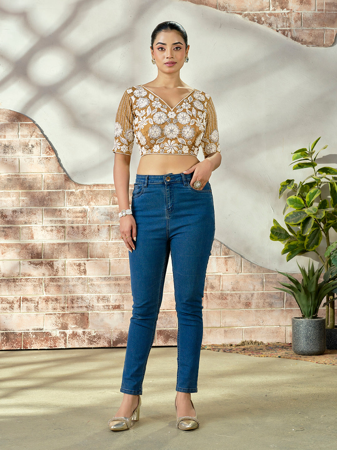 Royal Beige Embroidered Beaded Blouse – Bridal Party Wear | Custom Size