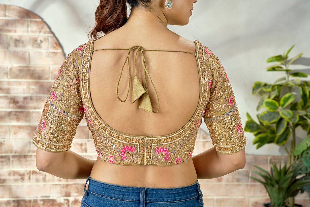 Royal Olive Gold Embroidered Mirror Work Bridal Blouse