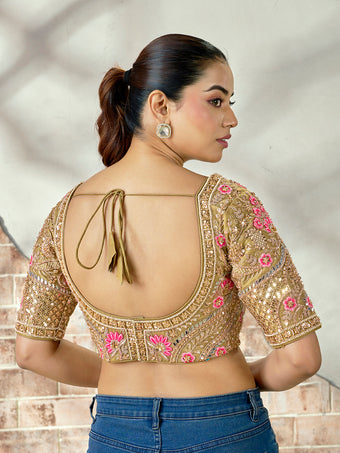 Royal Olive Gold Embroidered Mirror Work Bridal Blouse