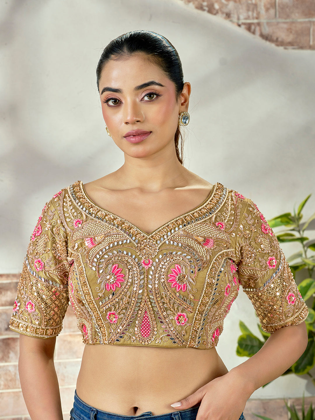 Royal Olive Gold Embroidered Mirror Work Bridal Blouse