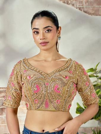 Royal Olive Gold Embroidered Mirror Work Bridal Blouse