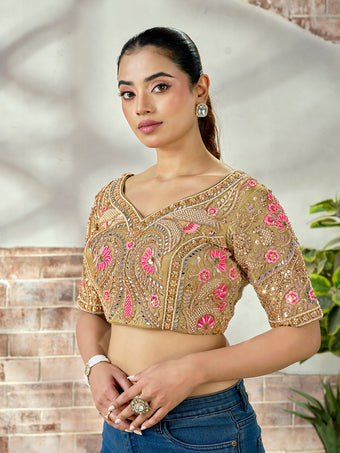 Royal Olive Gold Embroidered Mirror Work Bridal Blouse