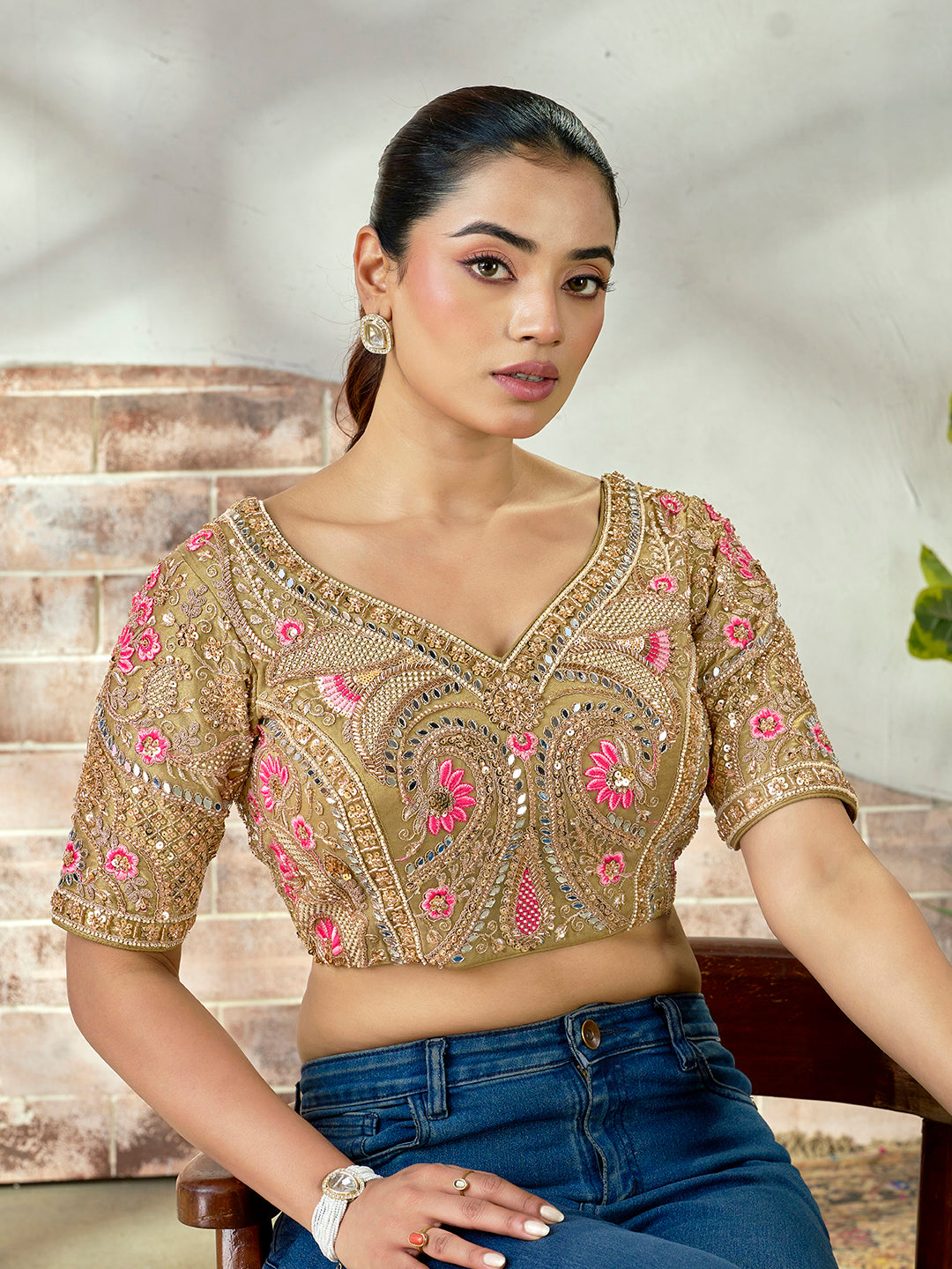 Royal Olive Gold Embroidered Mirror Work Bridal Blouse