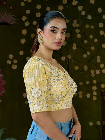 Luxury Yellow Embroidered Beaded Blouse – Bridal Party Wear | Custom Size