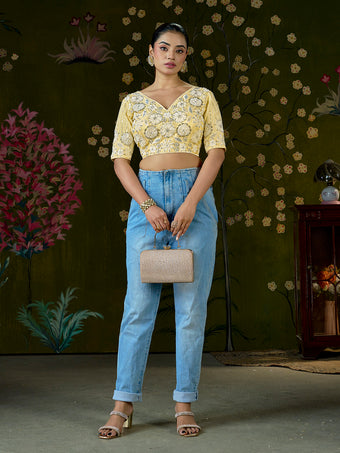 Luxury Yellow Embroidered Beaded Blouse – Bridal Party Wear | Custom Size
