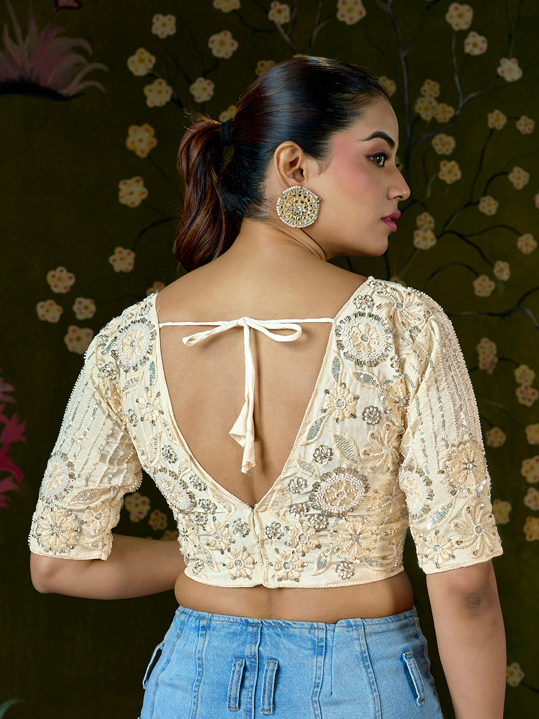 Elegant Cream Embroidered Beaded Blouse – Bridal Party Wear | Custom Size