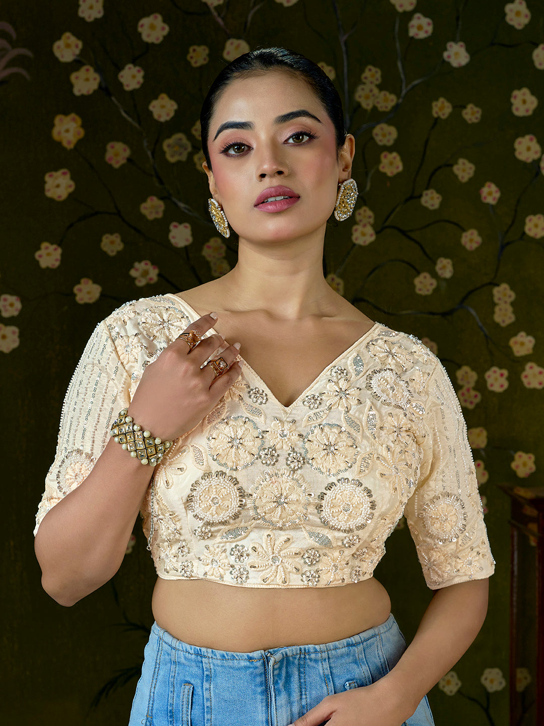 Elegant Cream Embroidered Beaded Blouse – Bridal Party Wear | Custom Size