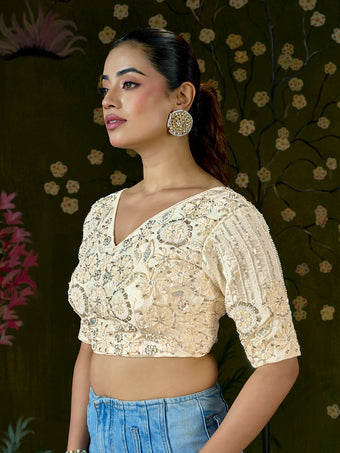Elegant Cream Embroidered Beaded Blouse – Bridal Party Wear | Custom Size