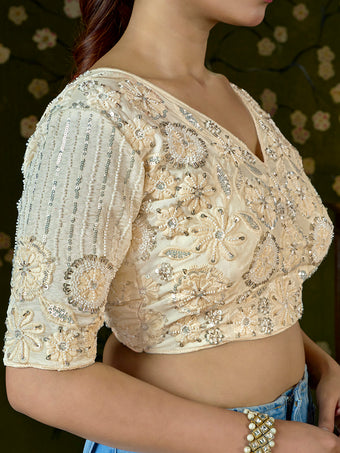 Elegant Cream Embroidered Beaded Blouse – Bridal Party Wear | Custom Size