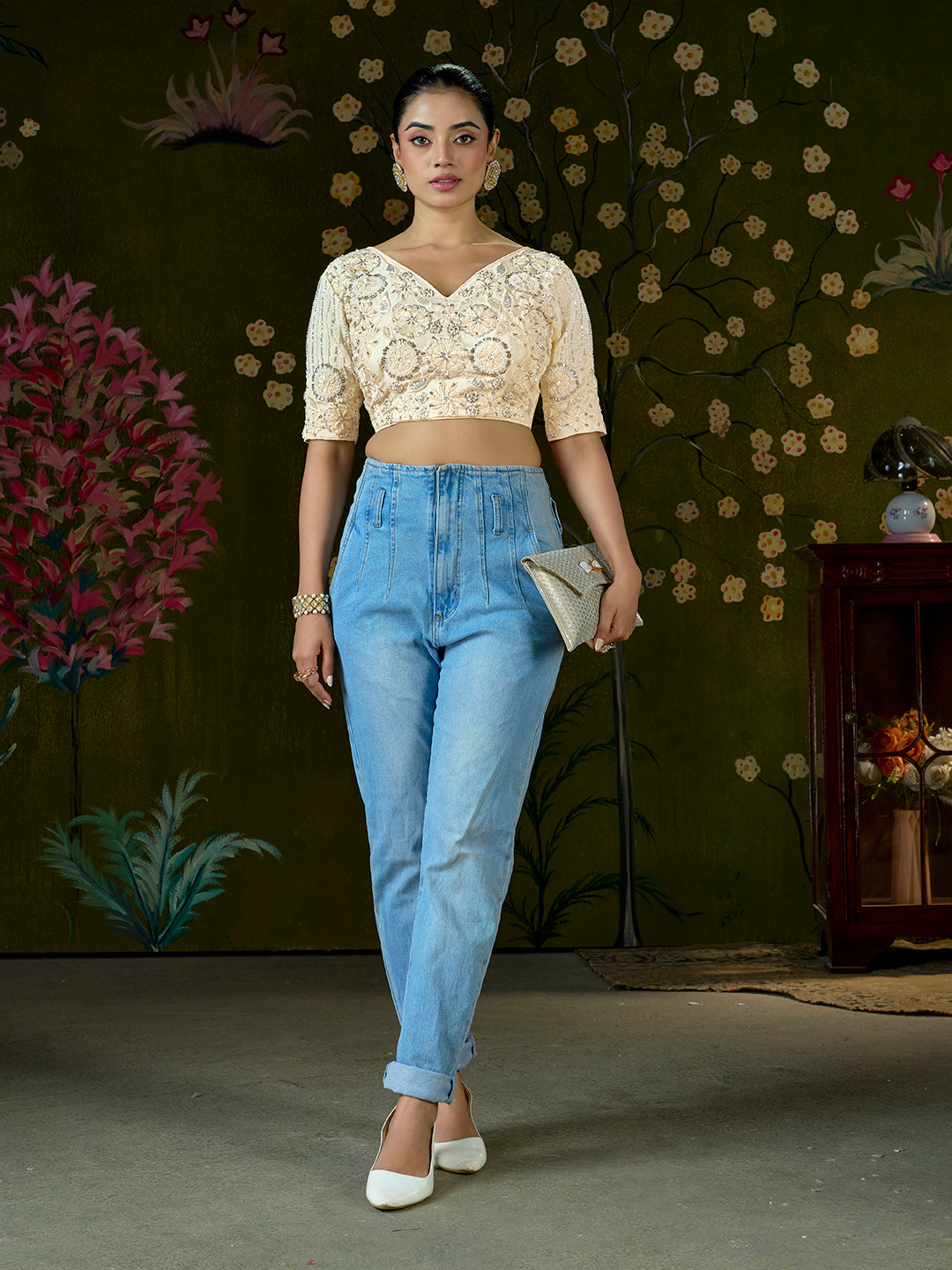 Elegant Cream Embroidered Beaded Blouse – Bridal Party Wear | Custom Size