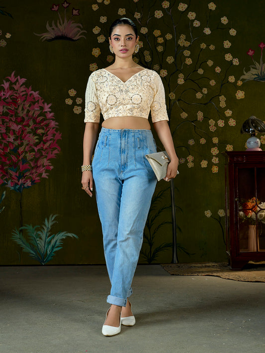Elegant Cream Embroidered Beaded Blouse – Bridal Party Wear | Custom Size