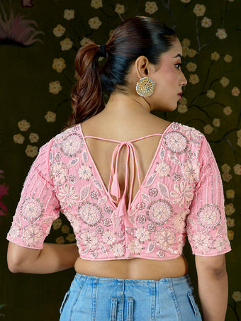 Blush Pink Embroidered Beaded Blouse – Bridal Party Wear | Custom Size