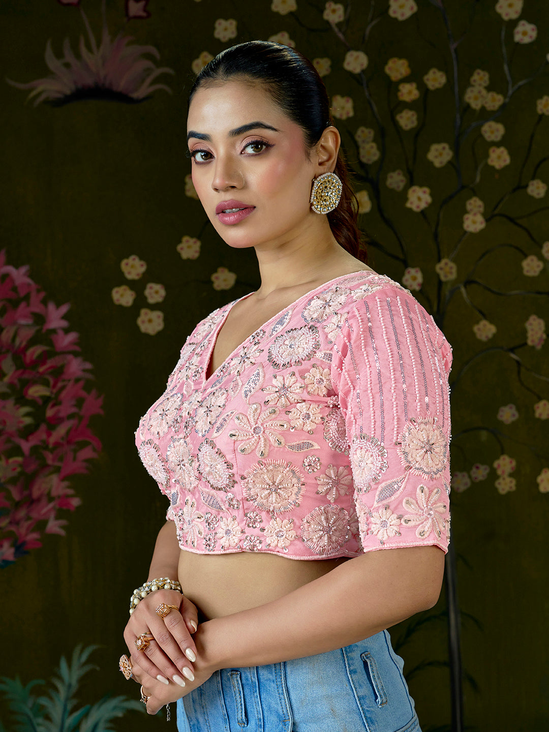 Blush Pink Embroidered Beaded Blouse – Bridal Party Wear | Custom Size