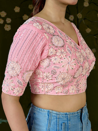 Blush Pink Embroidered Beaded Blouse – Bridal Party Wear | Custom Size