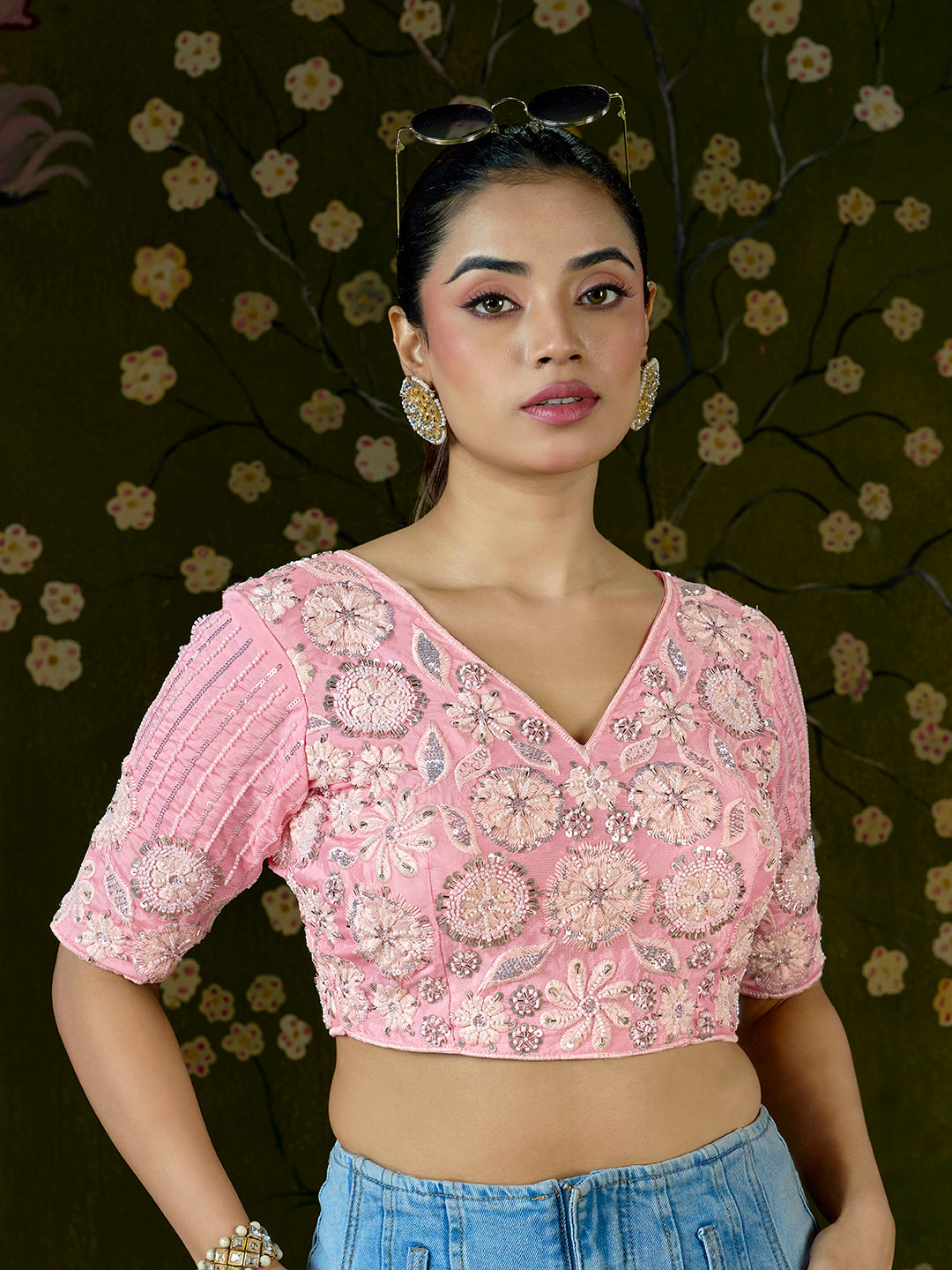 Blush Pink Embroidered Beaded Blouse – Bridal Party Wear | Custom Size