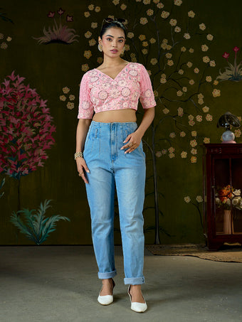 Blush Pink Embroidered Beaded Blouse – Bridal Party Wear | Custom Size
