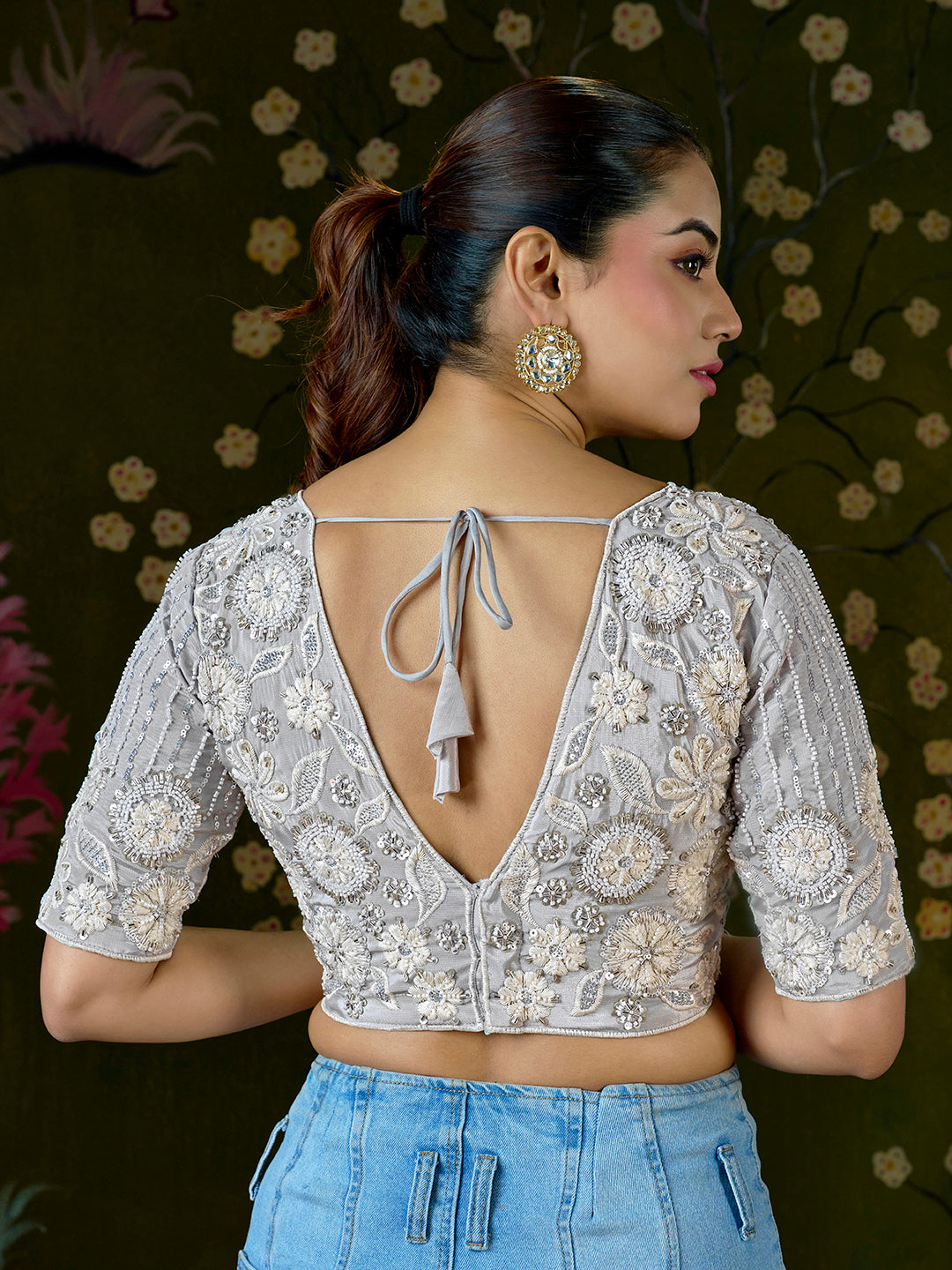 Light Grey Embroidered Beaded Blouse – Bridal Party Wear | Custom Size