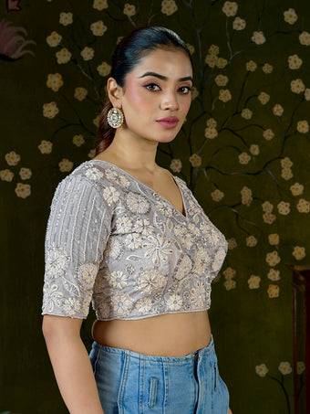 Light Grey Embroidered Beaded Blouse – Bridal Party Wear | Custom Size