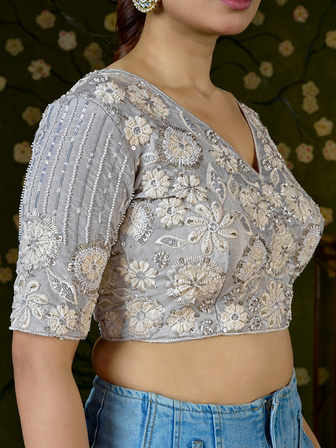 Light Grey Embroidered Beaded Blouse – Bridal Party Wear | Custom Size