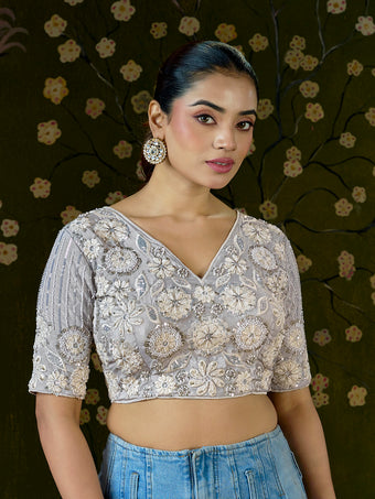 Light Grey Embroidered Beaded Blouse – Bridal Party Wear | Custom Size