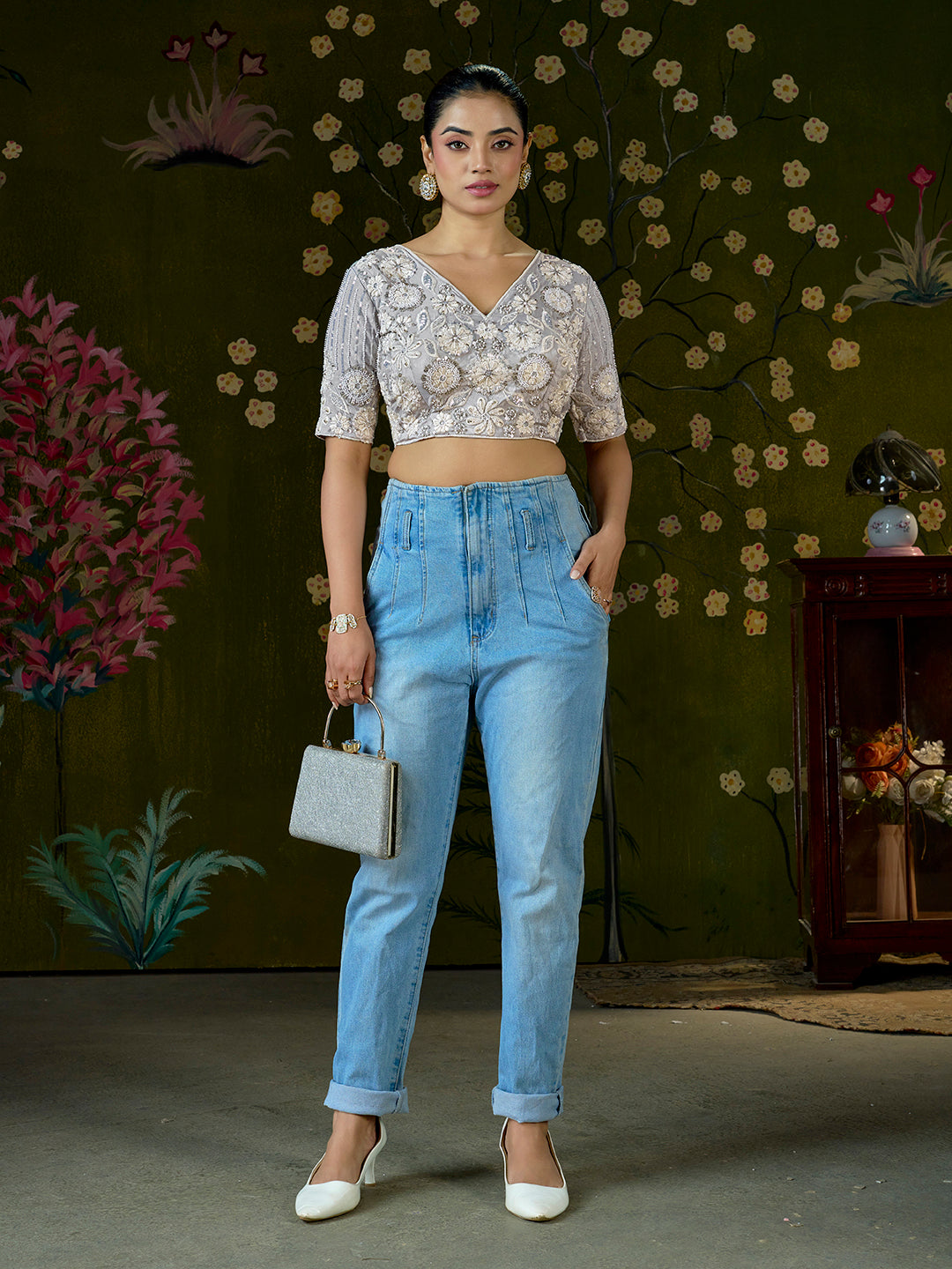 Light Grey Embroidered Beaded Blouse – Bridal Party Wear | Custom Size