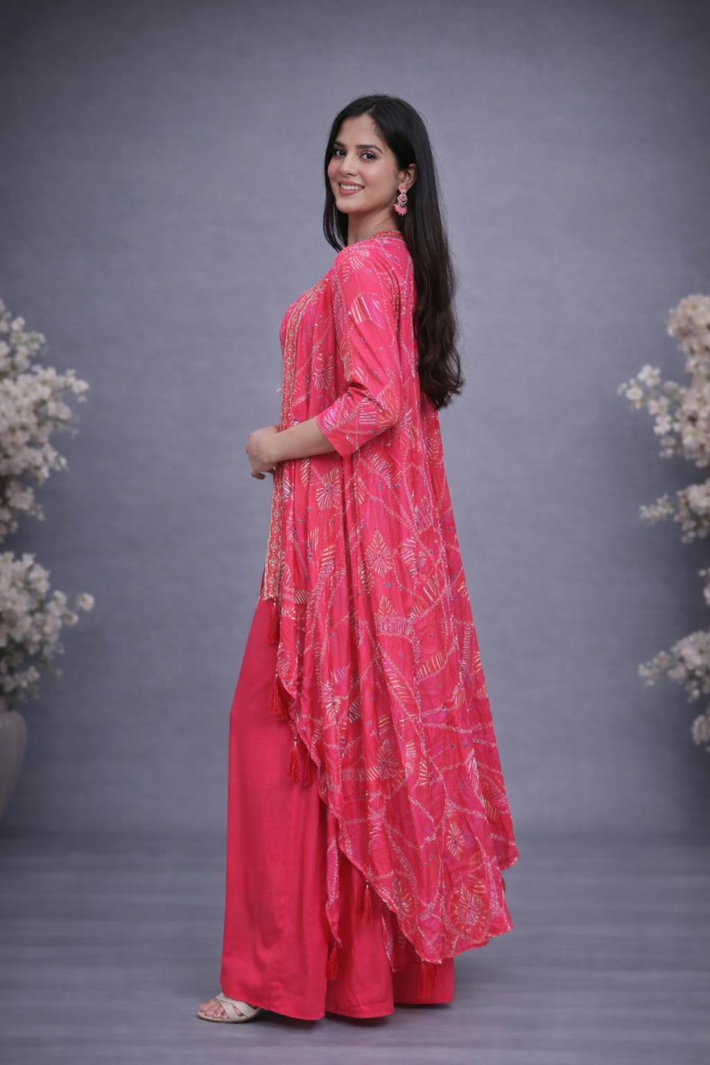 Pink Embroidery Crop Top Palazzo Shrug Set