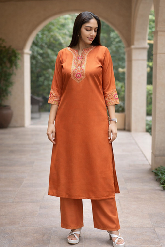 Rust Orange Roman Silk Embroidered Kurti Palazzo Set