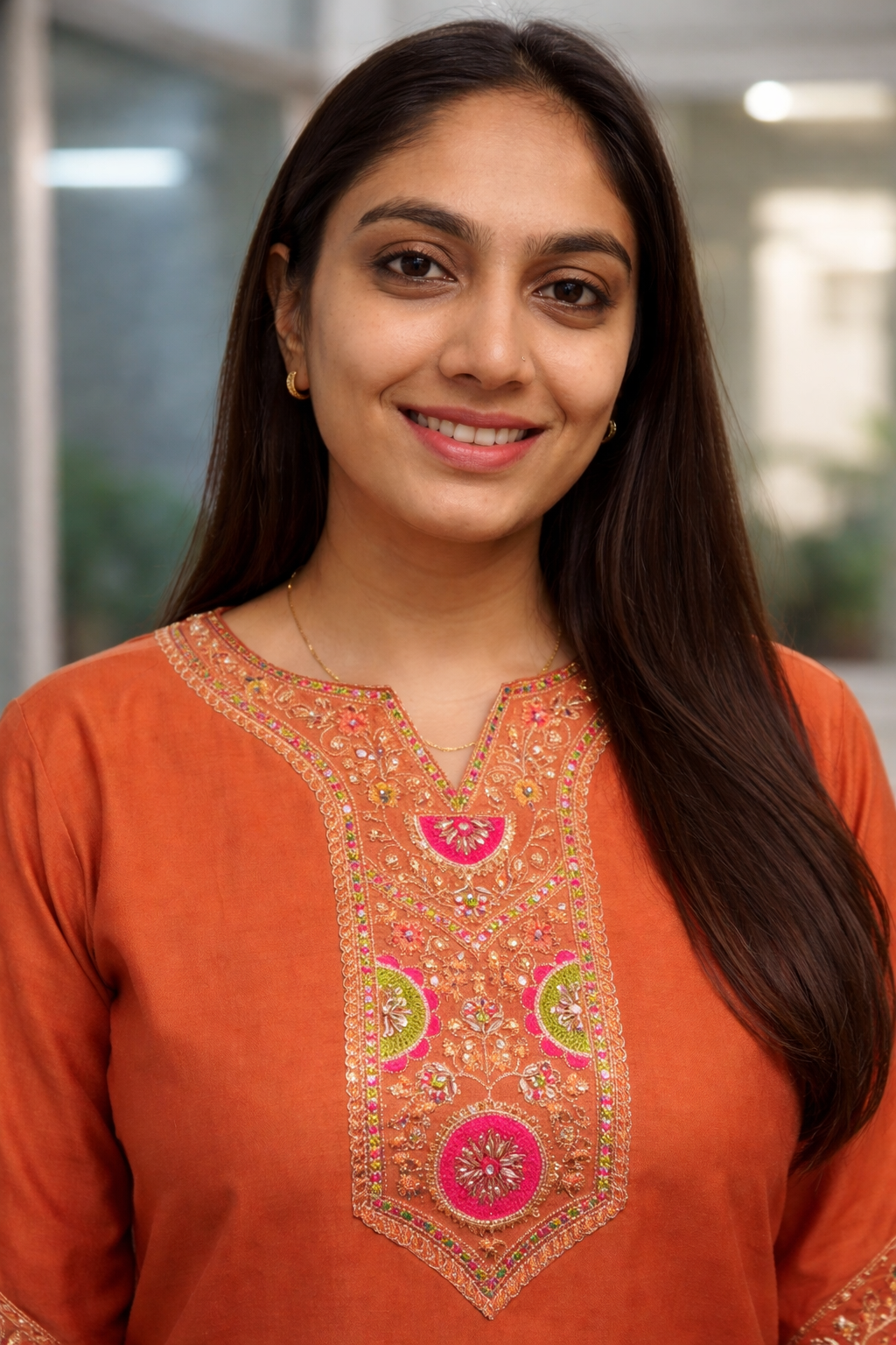 Rust Orange Roman Silk Embroidered Kurti Palazzo Set