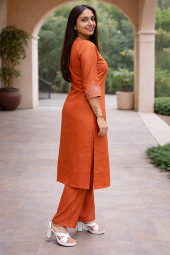Rust Orange Roman Silk Embroidered Kurti Palazzo Set