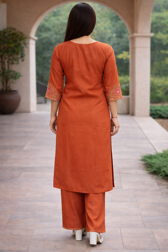 Rust Orange Roman Silk Embroidered Kurti Palazzo Set