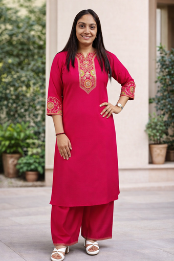 Rani Pink Roman Silk Embroidered Kurti Palazzo Set