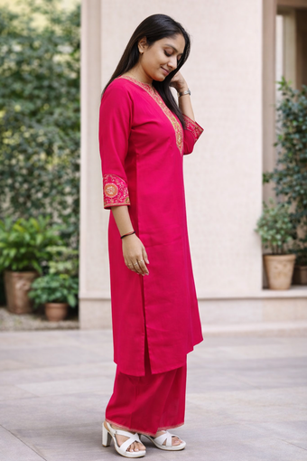 Rani Pink Roman Silk Embroidered Kurti Palazzo Set