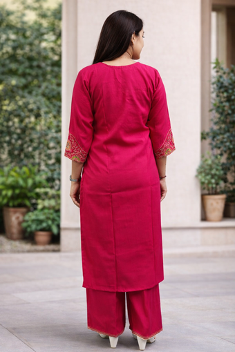 Rani Pink Roman Silk Embroidered Kurti Palazzo Set