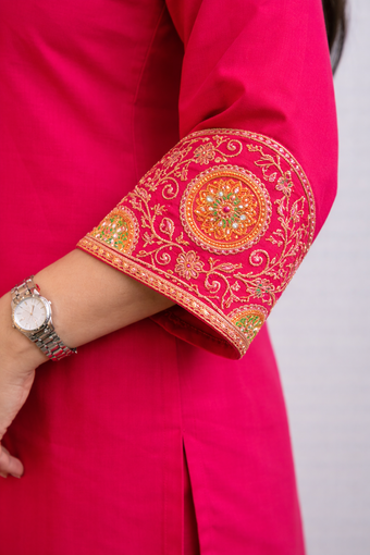 Rani Pink Roman Silk Embroidered Kurti Palazzo Set