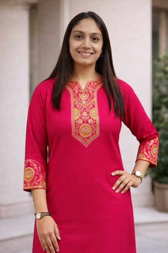 Rani Pink Roman Silk Embroidered Kurti Palazzo Set