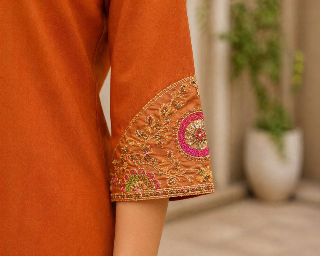 Rust Orange Roman Silk Embroidered Kurti Palazzo Set