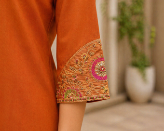Rust Orange Roman Silk Embroidered Kurti Palazzo Set