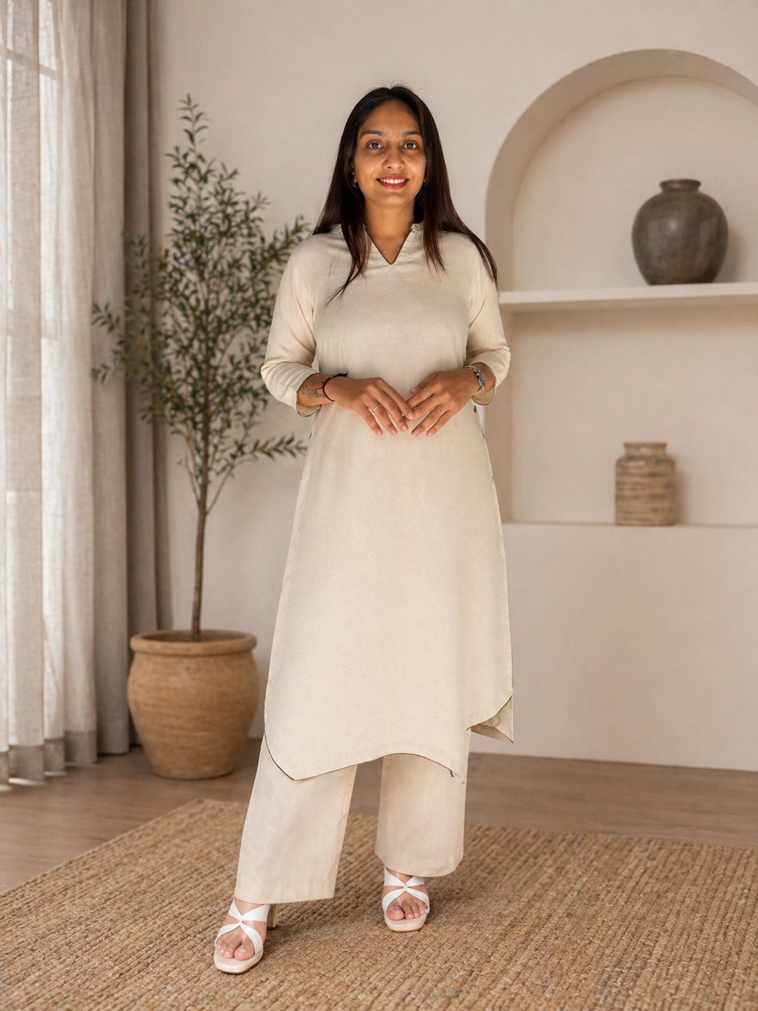 Linen Cotton A-Line Kurta with Side Button Detailing