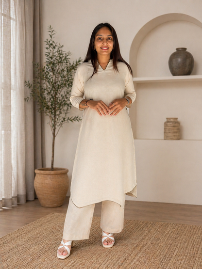 Linen Cotton A-Line Kurta with Side Button Detailing