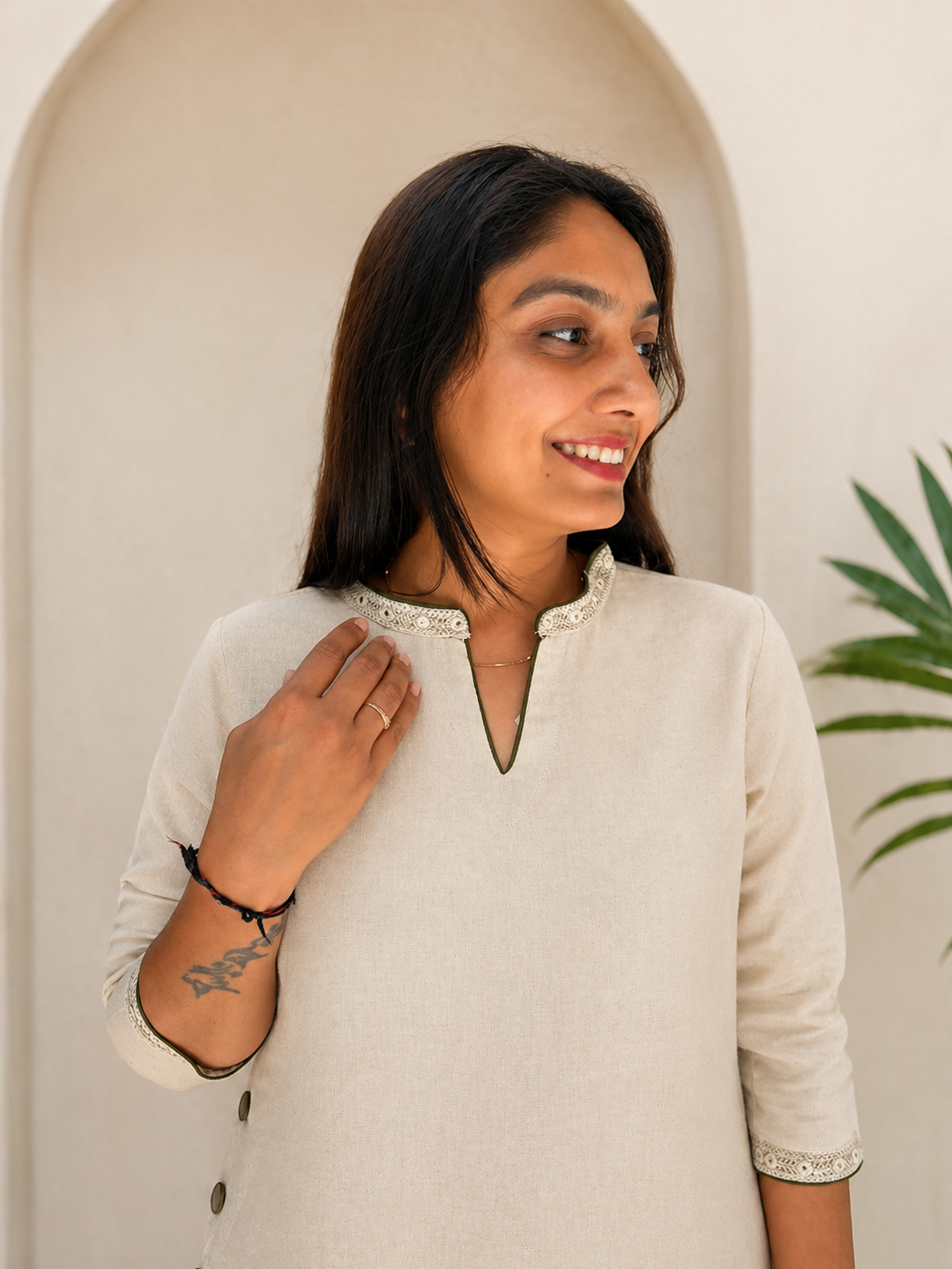 Linen Cotton A-Line Kurta with Side Button Detailing