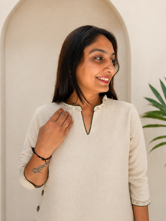 Linen Cotton A-Line Kurta with Side Button Detailing