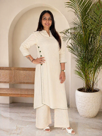 Linen Cotton A-Line Kurta with Side Button Detailing